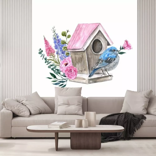 Sticker Ein rosafarbenes Vogelhäuschen