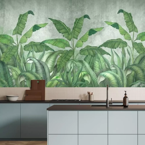 Fototapete Tropical leaves on a gray background. Photo wallpaper with leaves. Fresco for the interior. Wall decor in grunge style. Painted green leaves. Photo wallpapers 3d.