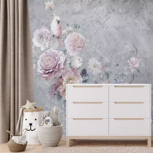 Fototapete Vögel zwischen Blumen auf grauem Betonhintergrund