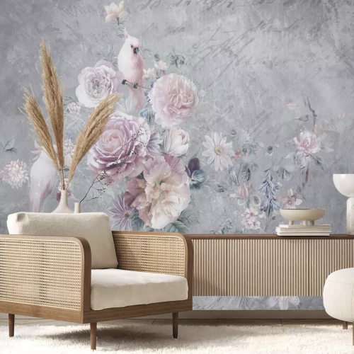 Fototapete Vögel zwischen Blumen auf grauem Betonhintergrund