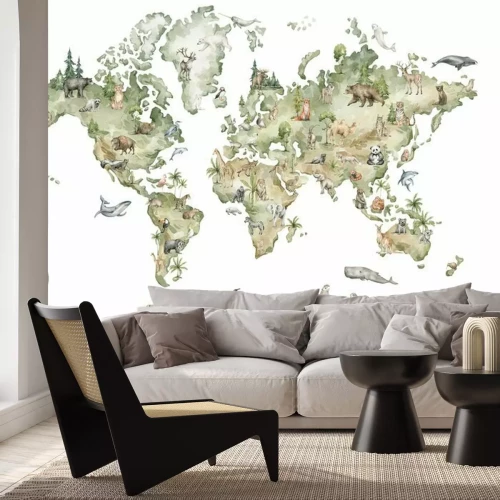 Fototapete Watercolor world map with animals and natural elements. Geographical map. Hand-painted earth isolated on white. Nursery print