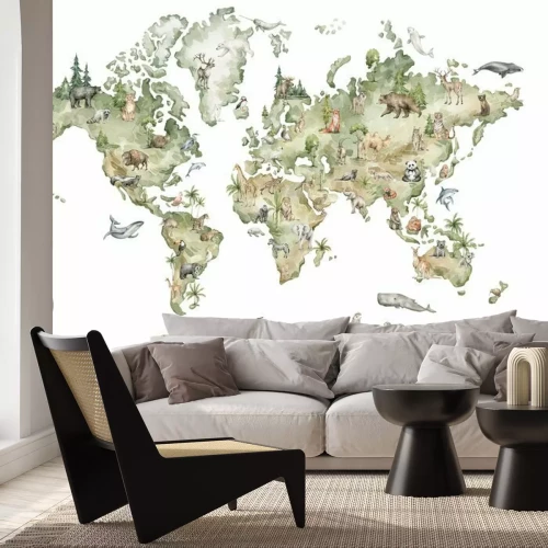 Sticker Watercolor world map with animals and natural elements. Geographical map. Hand-painted earth isolated on white. Nursery print