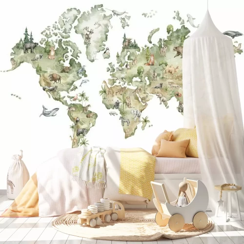 Fototapete Watercolor world map with animals and natural elements. Geographical map. Hand-painted earth isolated on white. Nursery print
