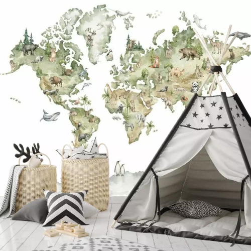 Sticker Watercolor world map with animals and natural elements. Geographical map. Hand-painted earth isolated on white. Nursery print
