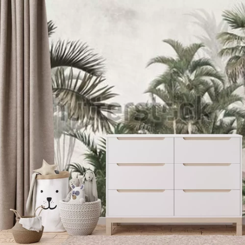 Fototapete Tropical trees and leaves wallpaper design in foggy forest - 3D illustration