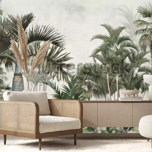 Fototapete Tropical trees and leaves wallpaper design in foggy forest - 3D illustration