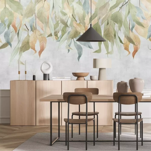 Fototapete Graue Wand mit Blättern