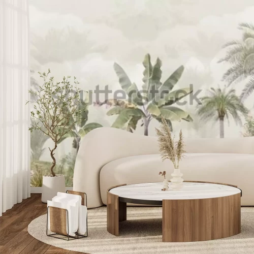Fototapete Tropical trees and leaves wallpaper design in foggy forest - 3D illustration