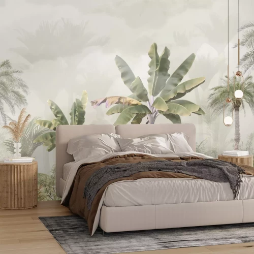 Fototapete Tropical trees and leaves wallpaper design in foggy forest - 3D illustration