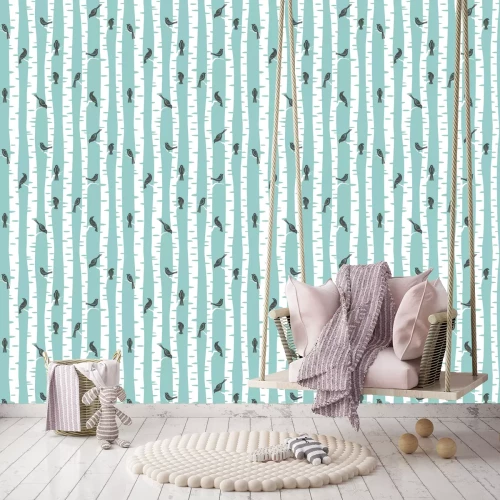 Tapete Birken und graue Vögelchen