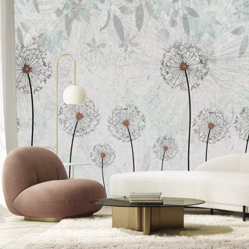 Fototapete Abstrakte Komposition aus Löwenzahn auf konkretem Hintergrund