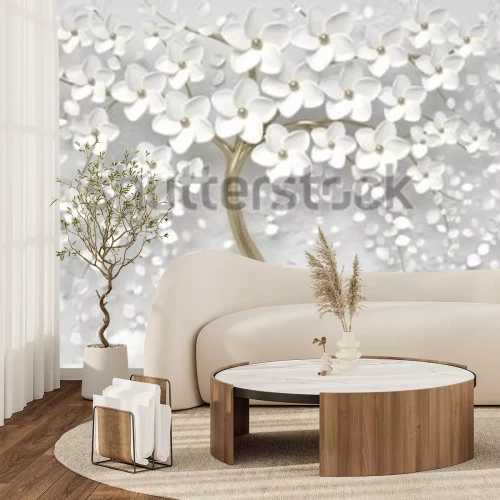 Fototapete 3D-Baum mit weißen Blüten