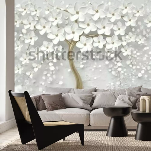 Fototapete 3D-Baum mit weißen Blüten