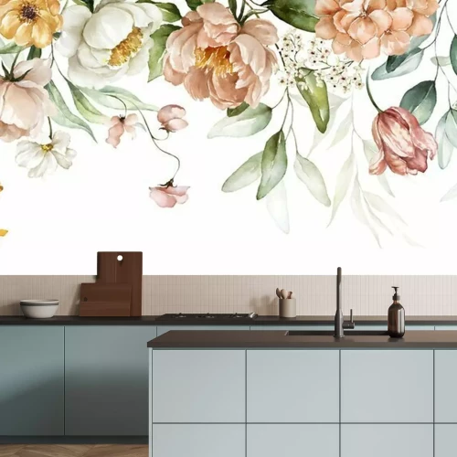 Fototapete Bouquet border - green leaves and blush pink flowers on white background. Watercolor hand painted seamless border. Floral illustration. Foliage pattern.