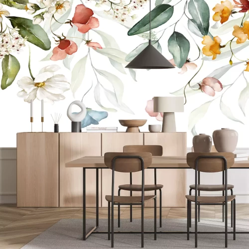 Fototapete Bouquet border - green leaves and blush pink flowers on white background. Watercolor hand painted seamless border. Floral illustration. Foliage pattern.