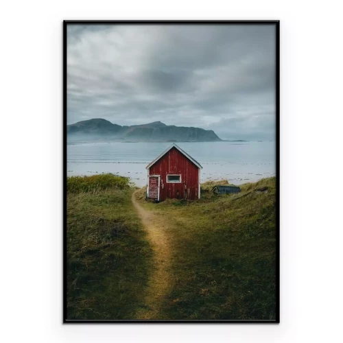 Poster Blick auf ein rotes Holzhaus am Wasser