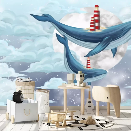 Fototapete Wale schwimmen am Himmel zwischen den Wolken