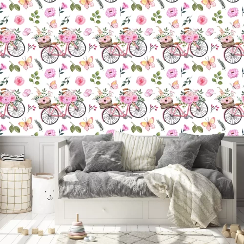 Tapete Retro-Design mit rosa Fahrrad und Aquarell-Blumen