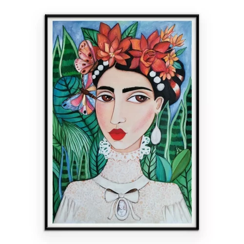 Poster Frida Kahlo mit einem Kranz im Boho-Stil