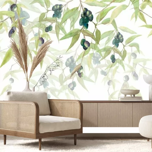 Fototapete Olivenzweige mit schwarzen Oliven auf weißem Hintergrund