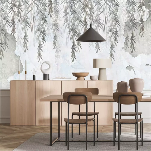 Fototapete Graue Weidenblätter auf hellem Aquarellgrund