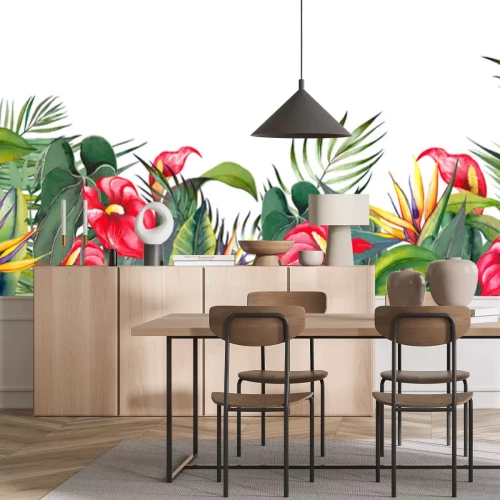 Sticker Rote Blüten und grüne Blätter tropischer Pflanzen