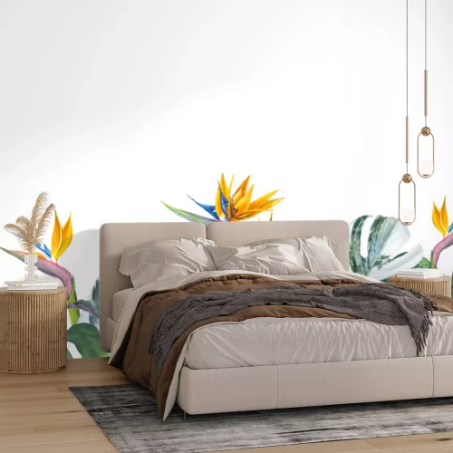 Sticker Tropische Blätter und Strelitzien auf weißem Hintergrund