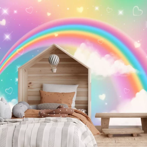 Fototapete Holographic fantasy rainbow unicorn background with clouds. Pastel color sky. Magical landscape, abstract fabulous pattern. Cute candy wallpaper. Vector.