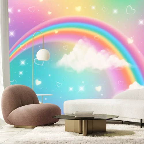 Fototapete Holographic fantasy rainbow unicorn background with clouds. Pastel color sky. Magical landscape, abstract fabulous pattern. Cute candy wallpaper. Vector.