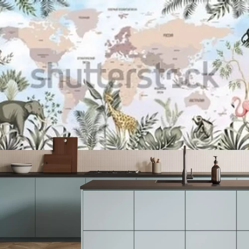 Fototapete Children's world map. World map with the names of countries in Russian. Russia, America, Africa, Australia, Europe, Antarctica. A drawn map of the world with animals.