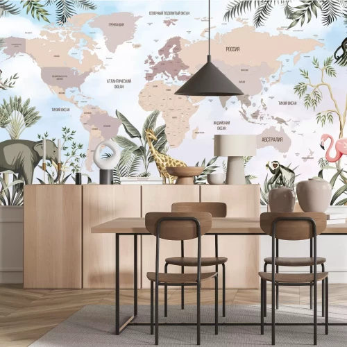 Fototapete Children's world map. World map with the names of countries in Russian. Russia, America, Africa, Australia, Europe, Antarctica. A drawn map of the world with animals.