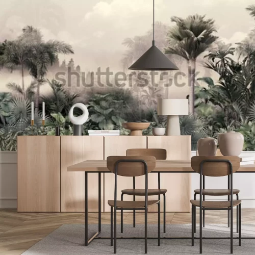Fototapete Tropical trees and leaves wallpaper design in foggy forest - 3D illustration