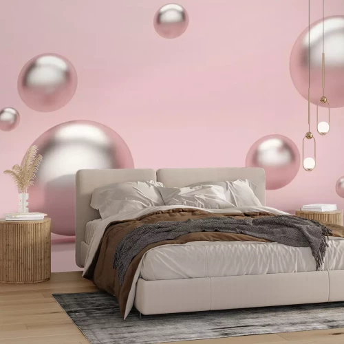 Fototapete Abstract pink background with metallic flying spheres. 3d rendering