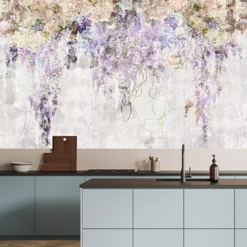 Fototapete Beautiful lilac branches on the concrete grunge wall. Lilac flowers. Blooming lilac. Floral background in loft, modern style. Design for wall mural, card, postcard, wallpaper, photo wallpaper.