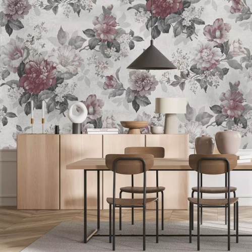 Fototapete Seamless pattern with pink flowers and leaves. Floral pattern for wallpaper or fabric. Background old concrete wall texture.