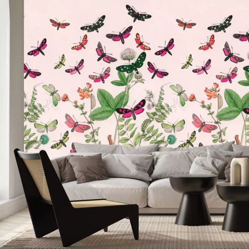 Fototapete Bunte Schmetterlinge inmitten grüner Blätter