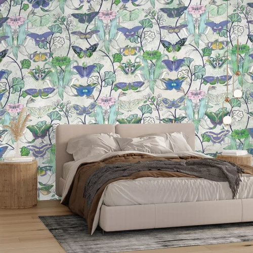 Fototapete Gemustertes Design mit Schmetterlingen und Pflanzen