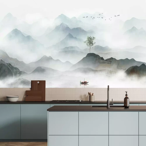 Fototapete Eine zarte Berglandschaft im Nebel im künstlerischen Stil