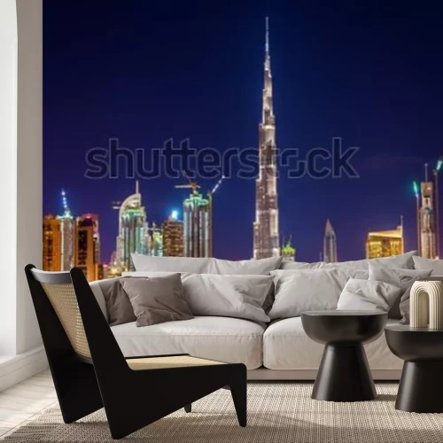 Fototapete Night view of Dubai Downtown with Burj Khalifa