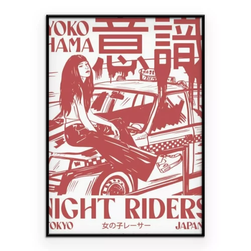 Poster Langhaariges Mädchen auf der Motorhaube eines Manga-Autos