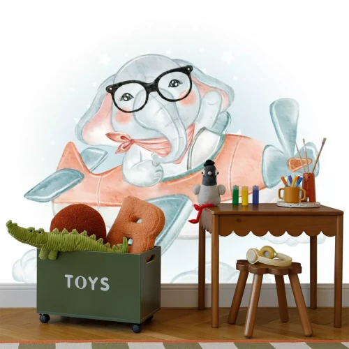 Sticker Elefant mit Brille fliegt mit einem Flugzeug