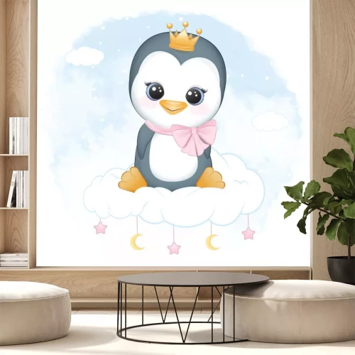 Sticker Pinguin mit Krone auf einer Wolke sitzend