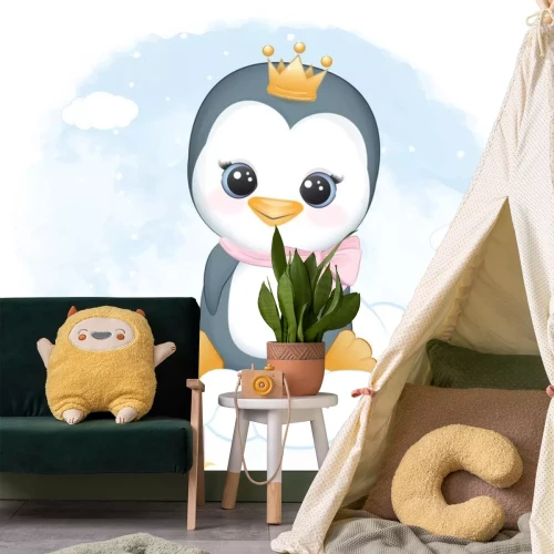 Sticker Pinguin mit Krone auf einer Wolke sitzend