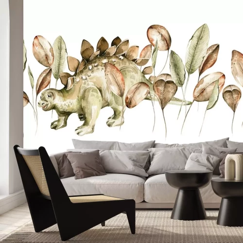 Sticker Aquarell-Dinosaurier inmitten von exotischen Blättern