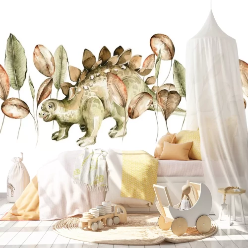 Sticker Aquarell-Dinosaurier inmitten von exotischen Blättern