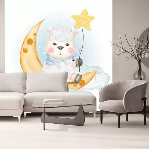 Sticker Schafe auf dem Mond inmitten von flauschigen Wolken