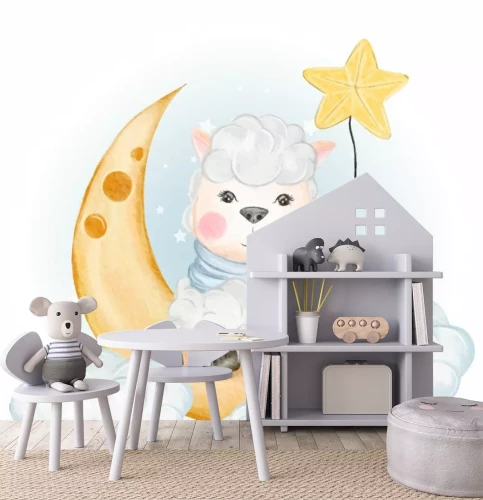 Sticker Schafe auf dem Mond inmitten von flauschigen Wolken