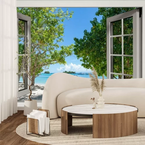 Fototapete Fenster mit Blick auf einen tropischen Strand und das Meer
