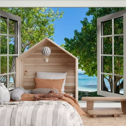 Fototapete Fenster mit Blick auf einen tropischen Strand und das Meer