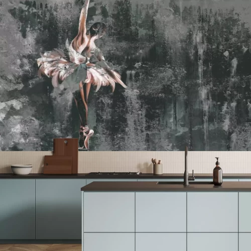 Fototapete Textured shabby and cracked wall on which a silhouette of a ballerina with watercolor elements is drawn, photo wallpaper